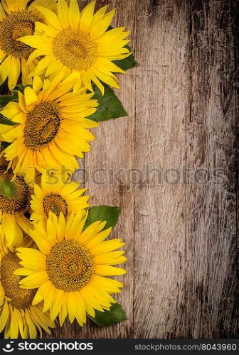 Sunflowers on wooden background top veiw