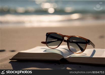 Sunglasses book on beach. Ocean sand. Generate Ai. Sunglasses book on beach. Generate Ai