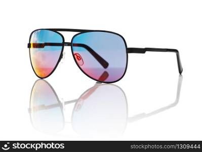 Sunglasses on a white reflective background.