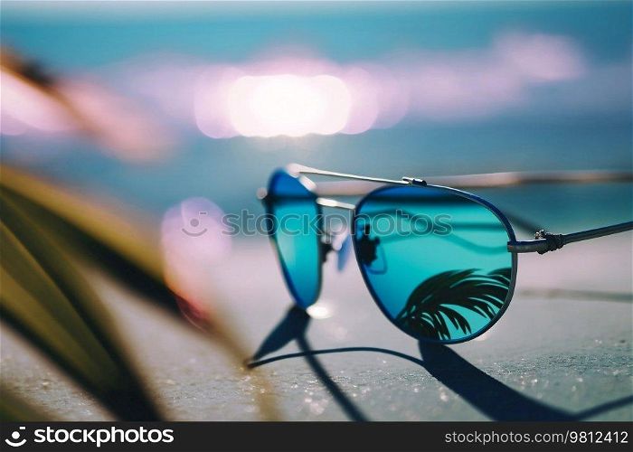 Sunglasses On beach. blue ocean background. Illustration Generative AI