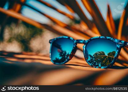 Sunglasses On beach. blue ocean background. Illustration Generative AI