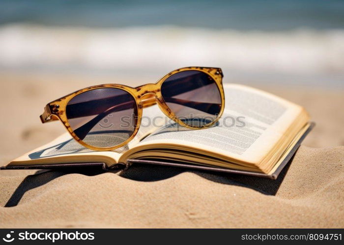 Sunglasses on book sand beach. Ocean sand. Generate Ai. Sunglasses on book sand beach. Generate Ai