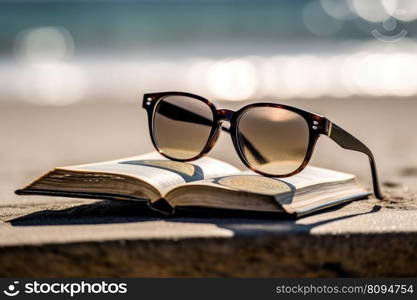 Sunglasses on books stack. Nature water travel. Generate Ai. Sunglasses on books stack. Generate Ai