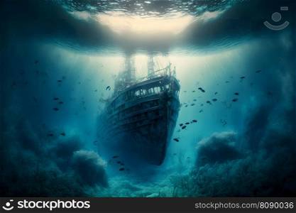 Sunken shipwreck at the bottom of the mediterranean sea. Neural network AI generated art. Sunken shipwreck at the bottom of the mediterranean sea. Neural network generated art