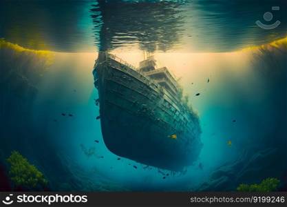 Sunken shipwreck at the bottom of the mediterranean sea. Neural network AI generated art. Sunken shipwreck at the bottom of the mediterranean sea. Neural network generated art