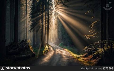 Sunlight and forest in the afternoon. Lo≠ly path through the trees. Ge≠rative AI
