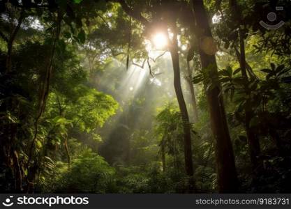 sunlight filtering through the dense canopy of the amazonas, creating a magical atmosphere, created with generative ai. sunlight filtering through the dense canopy of the amazonas, creating a magical atmosphere