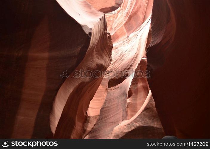 Sunlight shining on the red rock of Antelope Canyon in Arizona.