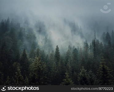 Sunlit foggy fir forest background. Peaceful and moody scene with haze clouds moving above the coniferous trees. Natural landscape with pine woods on the mountain hills covered with mist