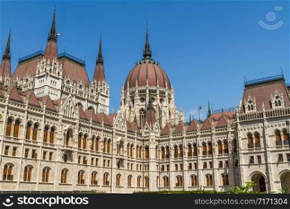 Sunlit Hungarian Parliament Building from the South East, showing corner, Budapest, Hungary