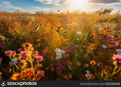 Sunlit scene featuring a field of colorful, blossoming flowers, with bees busily flying from flower to flower, collecting nectar to create sweet, delicious honey back at their hive. Generative Ai.