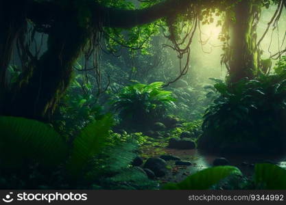 Sunlit Serenity in the Misty Tropical Jungle