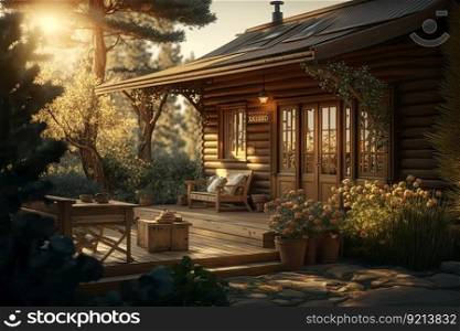 sunlit well-groomed cozy backyard with comfortable deck and wooden house, created with generative ai. sunlit well-groomed cozy backyard with comfortable deck and wooden house