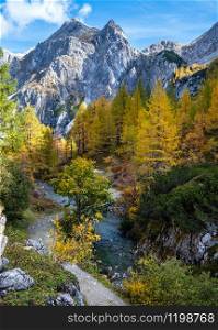 Sunny autumn alpine rocky mountains near Tappenkarsee lake, Kleinarl, Land Salzburg, Austria. Picturesque hiking, seasonal, and nature beauty concept scene.