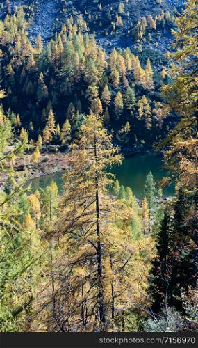 Sunny autumn alpine view. Peaceful mountain forest lake with clear transparent water and reflections. Untersee lake, Reiteralm, Steiermark, Austria.