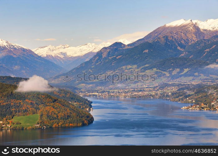 Sunny autumn day on the lake in mountains of south Austria, Carinthia