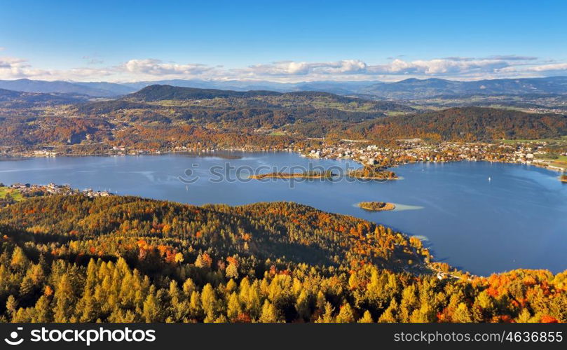 Sunny autumn day on the lake in mountains of south Austria, Carinthia