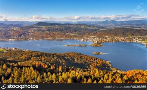 Sunny autumn day on the lake in mountains of south Austria, Carinthia
