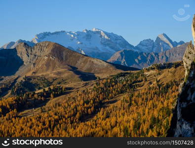 Sunny colorful autumn alpine Dolomites rocky mountain scene, Sudtirol, Italy. Peaceful view from Falzarego Pass. Snowy Marmolada massif and Glacier in far.