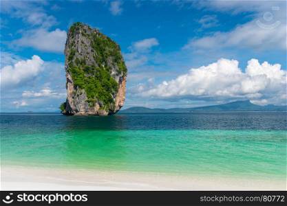sunny day and beautiful landscape, view from the island of Poda to the mountains, the sea and clouds