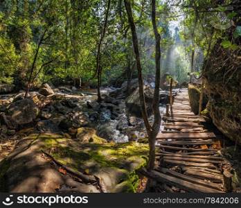 Sunny day at tropical rain forest landscape with wooden bridge and river near Kulen waterfall in Cambodia