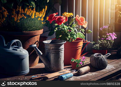 sunny day Gardening tools and flowers. Illustration AI Generative 