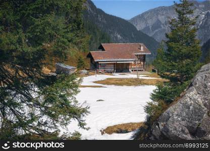Sunny day of spring in the Swiss Alps mountains with green pine trees, snow, peaks and a wooden cabin. Alpine countryside in Switzerland.