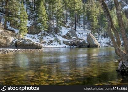 sunny day on the Cache la Poudre River above Fort Collins, Colorado - typical winter low flow at Picnic Rock