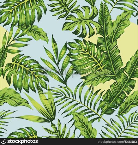 Sunny day on the tropical jungle blue sky green palm banana leaves exotic jungle background floral summer seamless vector pattern illustration