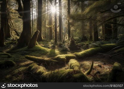 sunny forest with moss and light filtering through the trees, created with generative ai. sunny forest with moss and light filtering through the trees