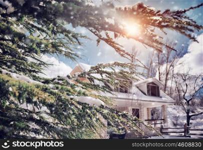 Sunny frosty day in countryside, view on luxury house through evergreen tree branches covered with snow, beauty of winter nature
