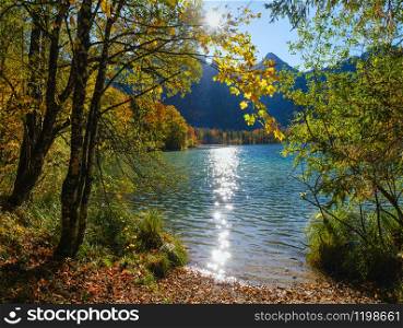 Sunny idyllic colorful autumn alpine view. Peaceful autumn Alps mountain lake with clear transparent water and reflections. Offensee lake, Salzkammergut, Upper Austria.