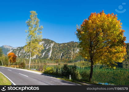 Sunny idyllic colorful autumn alpine view. Peaceful mountain lake with clear transparent water and reflections. Almsee lake, Upper Austria.