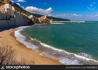 Sunny medieval fortress in Cala Marina, harbor in coastal city Castellammare del Golfo and Cala Petrolo Beach, Sicily, Italy. Castellammare del Golfo, Sicily, Italy