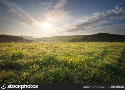 Sunny morning in mountain. Beautiful landscape composition.