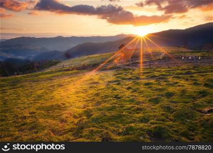 Sunny morning mountains rural landscape. Carpathian mountains, Ukraine