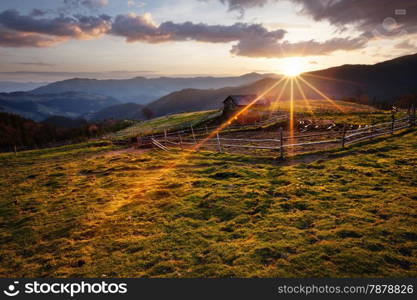 Sunny morning mountains rural landscape. Carpathian mountains, Ukraine