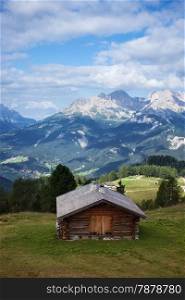 Sunny mountain valley. Dolomites mountain, Italy