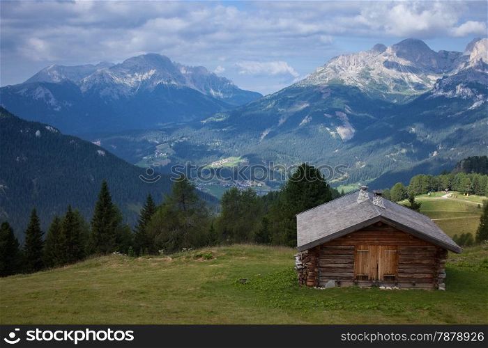 Sunny mountain valley. Dolomites mountain, Italy