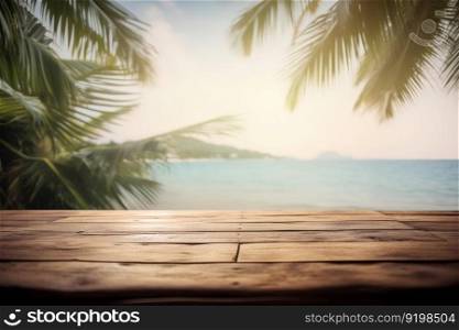 Sunny, natural coastal scenery with waves and sand viewed from a wooden table. Tranquil and peaceful. Generative AI.