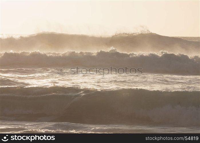 Sunny ocean big waves. Sunlight summer seascape