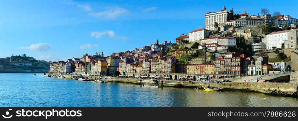 Sunny panorama view of Old Town of Porto, Portugal