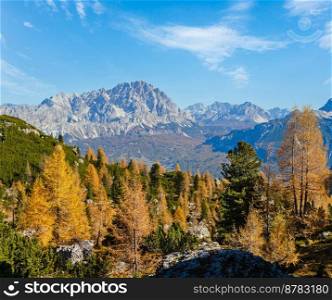 Sunny picturesque autumn alpine Dolomites rocky mountain view from hiking path from Giau Pass to Cinque Torri  Five pillars or towers  rock famous formation, Sudtirol, Italy.