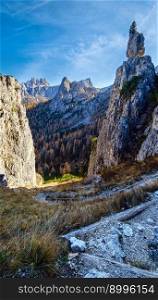 Sunny picturesque autumn alpine Dolomites rocky  mountain view from hiking path from Giau Pass to Cinque Torri  Five pillars or towers  rock famous formation, Sudtirol, Italy.