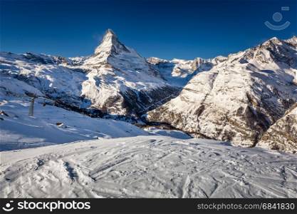 Sunny Ski Slope and Matterhorn Peak in Zermatt, Switzerland