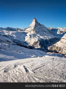 Sunny Ski Slope and Matterhorn Peak in Zermatt, Switzerland