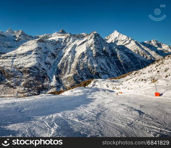 Sunny Ski Slope and Mountains Peaks in Zermatt, Switzerland