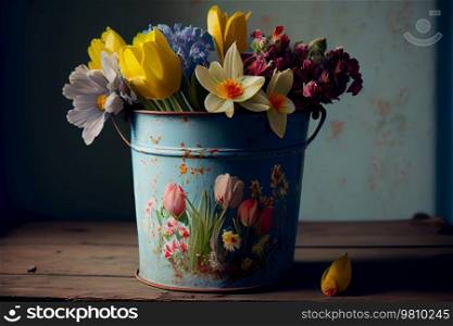sunny spring background with a bucket of wildflowers. Illustration AI Generative 