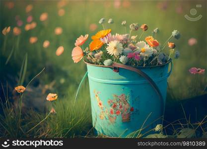 sunny spring background with a bucket of wildflowers. Illustration AI Generative 
