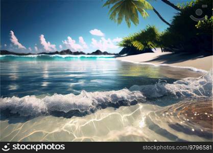 Sunny summer beach with palms, tropical islansd. Sunny summer beach with palms